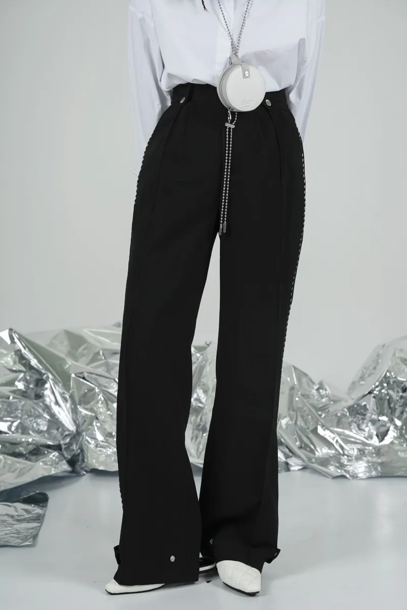 Printemps et été Mode Femmes Vêtements Taille haute Pantalon pleine longueur Boutons Noir Office Lady WP74801 210421