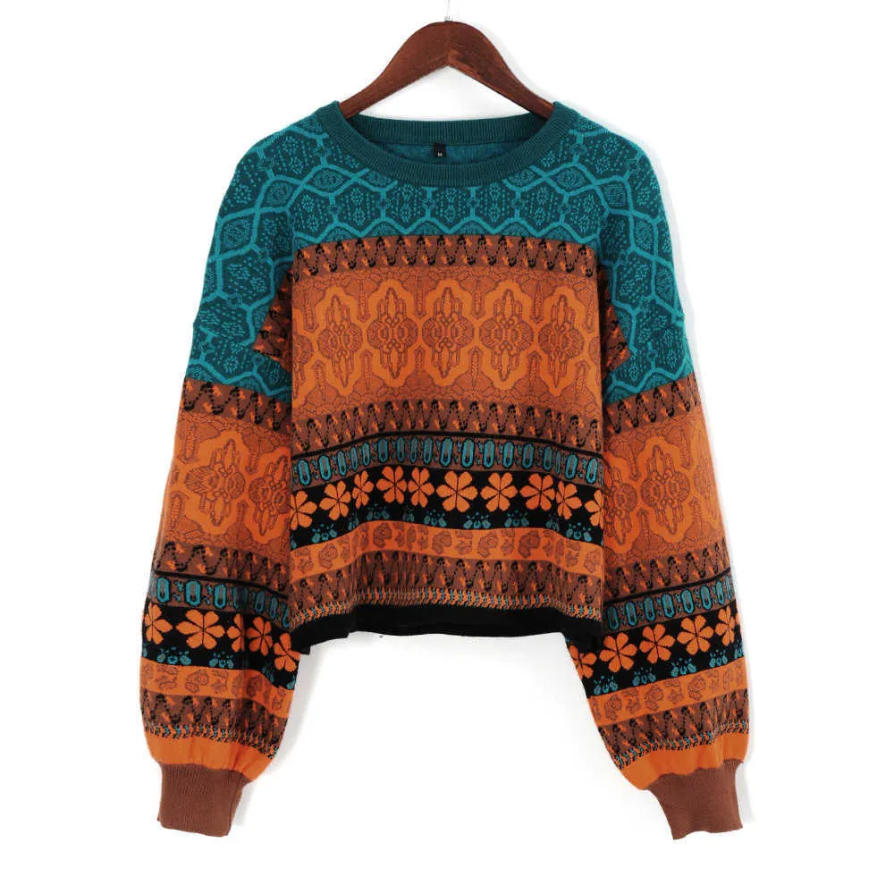 Chritmas Swetry dla kobiet Retro Chic Color Color Bluzy Młoda Dziewczyny Zimowe Crop Topy Oversize Dzianiny Krótki Sweter Żeński 211018