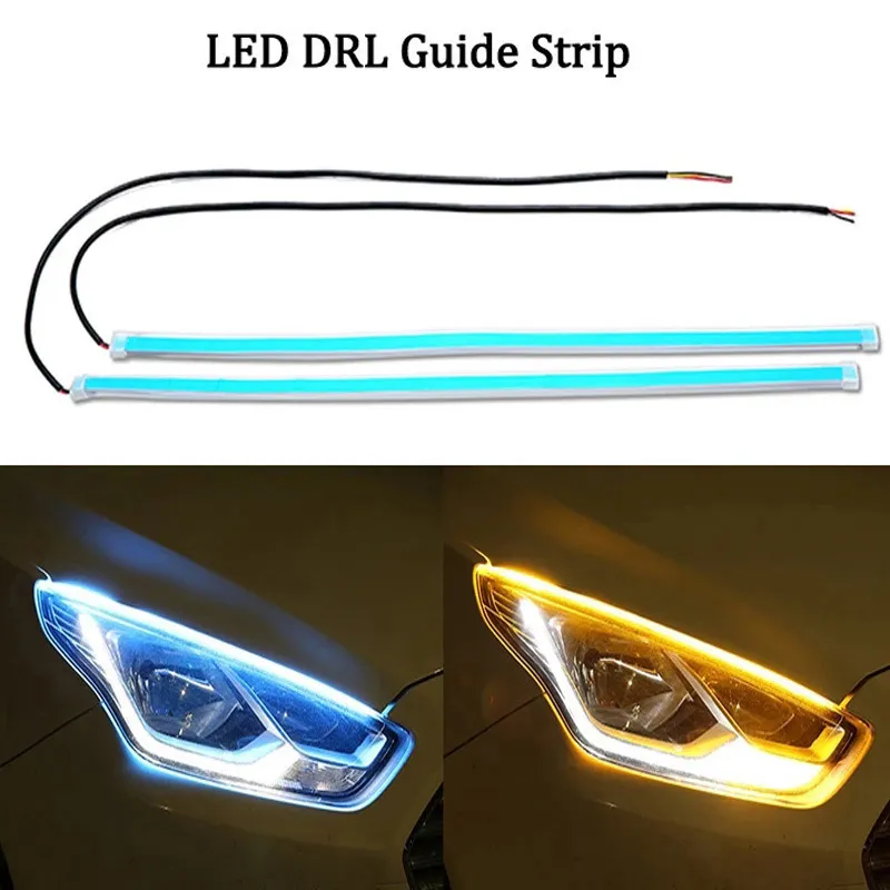 車のライト2ピースLED DRL昼間のランニングライトスタイリング動的ストリーマフローアンバーブロブターン信号警告ステアリングフォグデーランプ