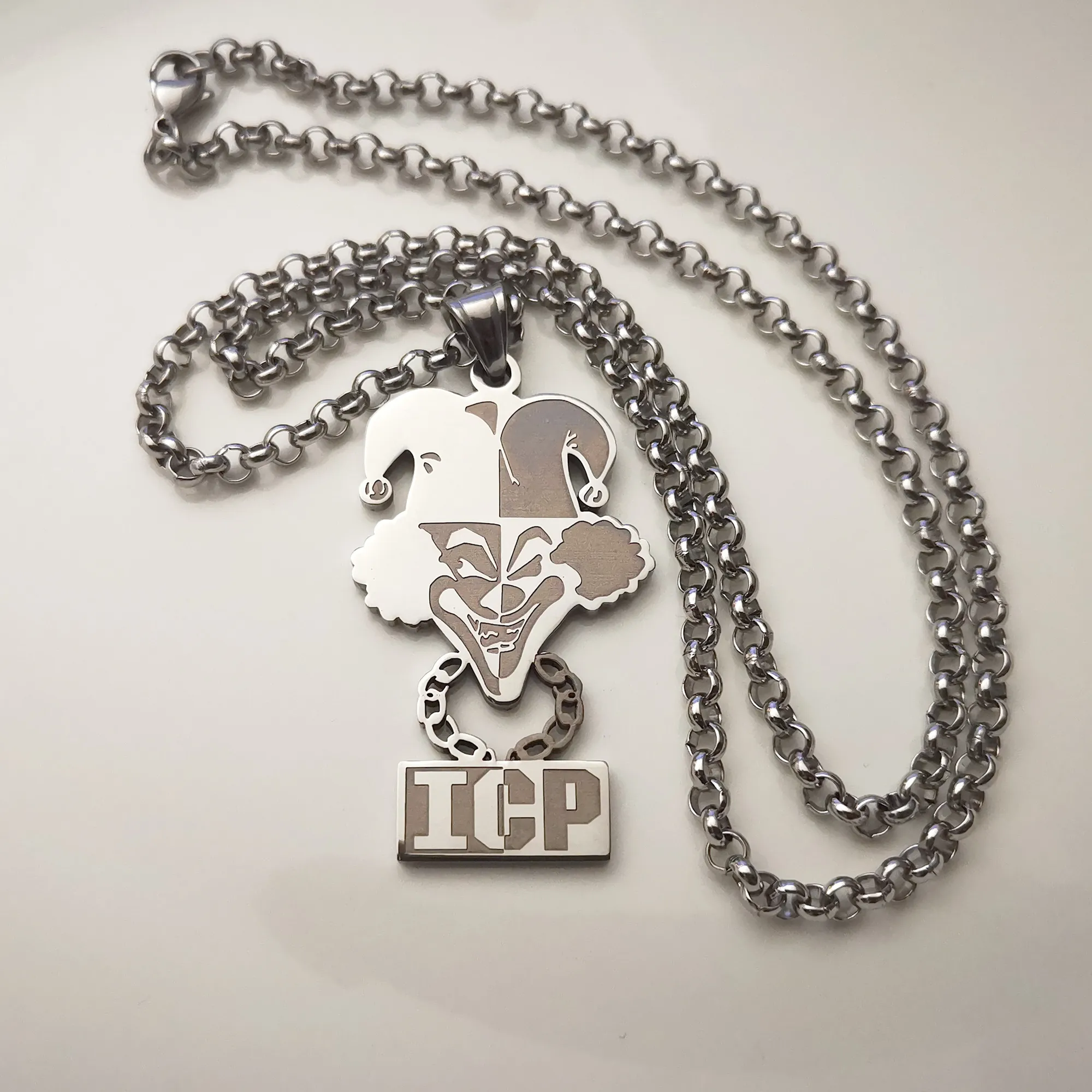 High Polished Silver Stainless Steel ICP CLOWN TWIZTID PENDANT CHARM NECKLACE 4mm 24INCH Rolo CHAIN Jugallo for Mens1810