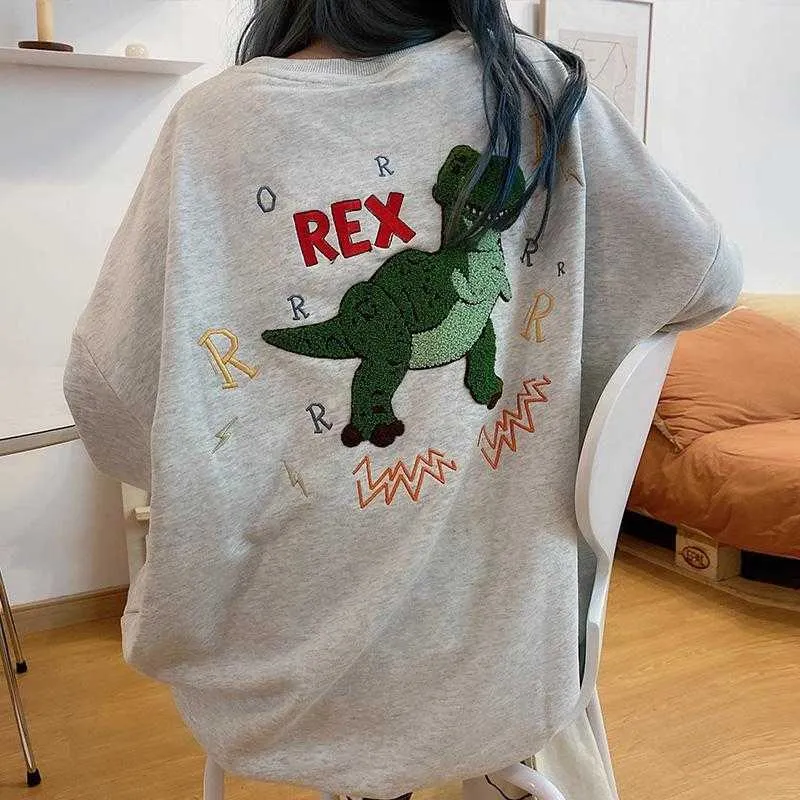 Oversized sweatshirt vrouwen lente en zomer losse kawaii groene dinosaurus harajuku losse luie dingen esthetische stijl 210809