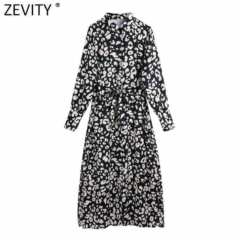 Zevity女性のファッションの折り返しカラーLeopardプリントカジュアルAラインドレス女性シックサシスパーティーvestidoスプリットクロスDS4921 210603