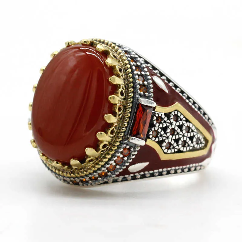 Turkey Jewelry Men Ring with Red Natural Agate Stone 925 Sterling Silver Vintage King Crown CZ Enamel Rings for Women Male Gift 213910877