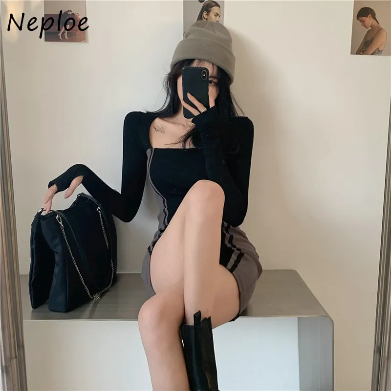 Neploe Square Collar Clavicle Exposed Sexy Dress Mujeres de cintura alta Hip Skinny Vestidos Spring Pullover manga larga Robe 210423