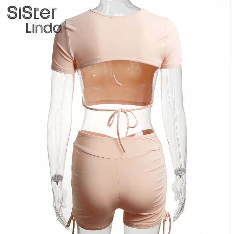 Sisterlinda Fitntracksuitの女性2個セット半袖バックルバンデージトップとRuched Biker Shorts Outfit Streetwar 2020 x0428