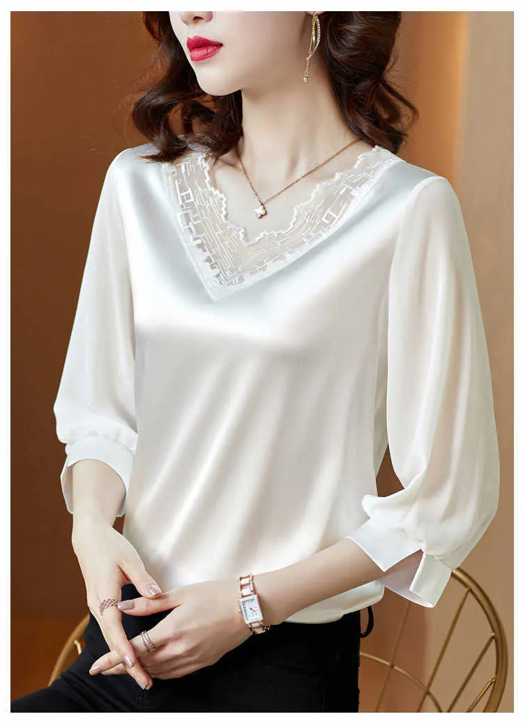 Spring/Autumn Korean Fashion Silk Women Blouses Satin Mesh Long Sleeve Shirt Office Lady Blusas Plus Size XXXL/5XL Womens Tops 210531