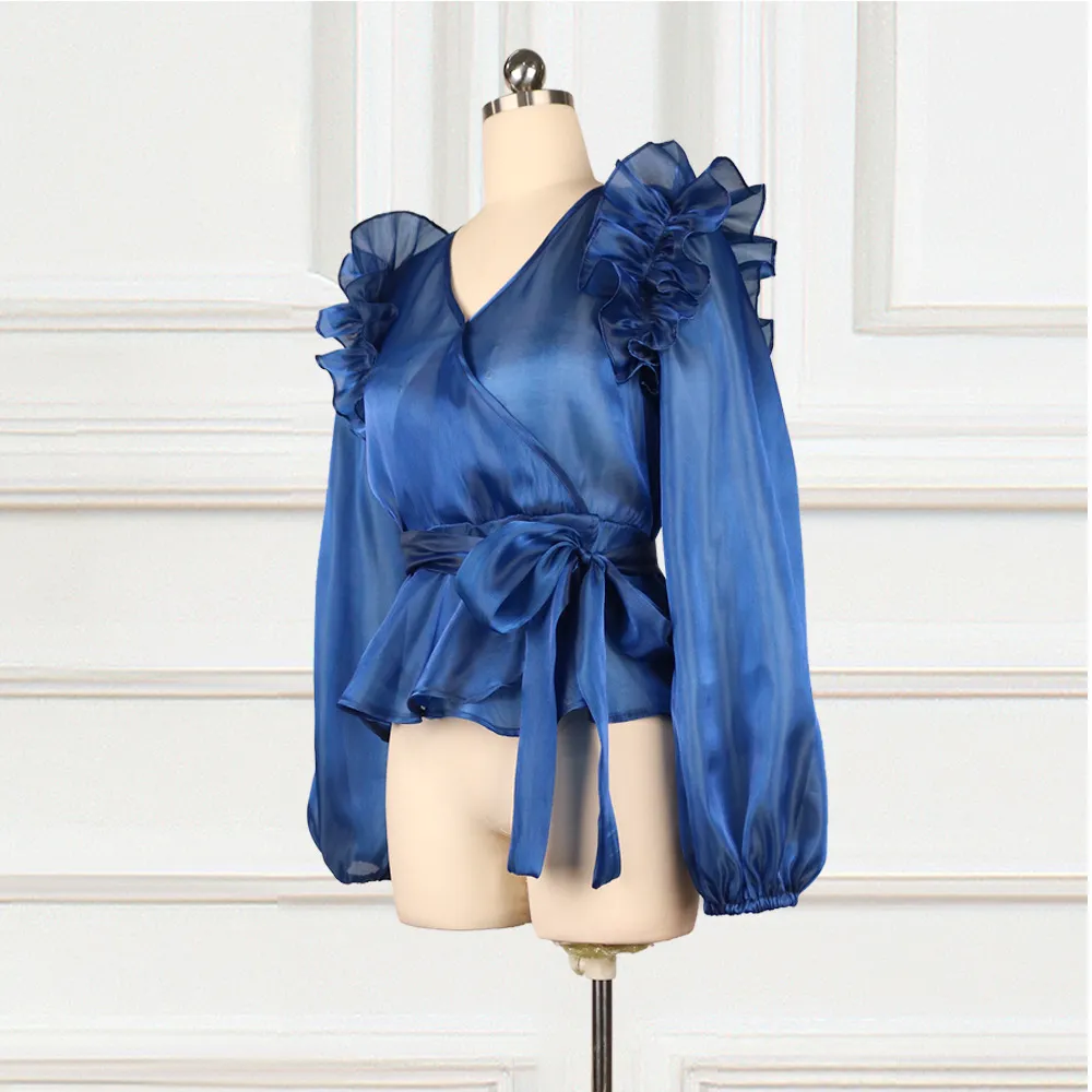 Women Sexy See Through Blouse V Neck Tops Lantern Sleeve Navy Blue Transparent Waist Belt Spring Summer Shirt Elegant Blusa 210416