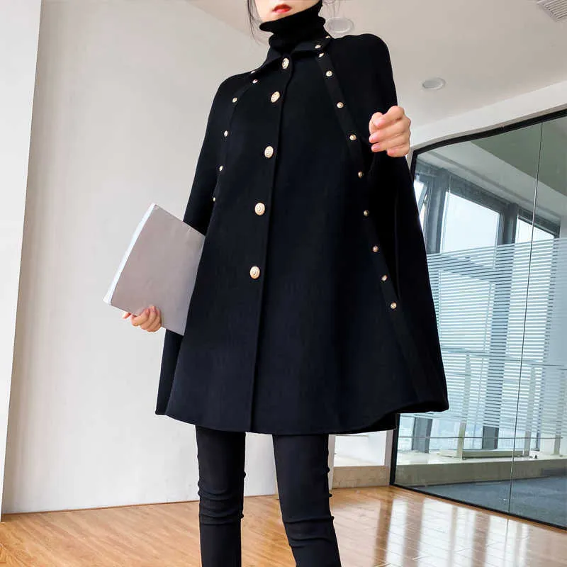 Cappotto di lana mantello nero donna autunno inverno cappotto di lana mantello vintage di media lunghezza con scialle allentato 210924