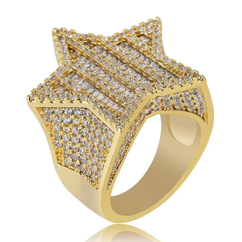 Alta qualità Bling Cubic Zirconia Pentagram Farfalla Anello uomini e donne Iced Out Vero oro placcato Diamante Charm Anelli dita Band Matrimonio Rapper Gioielli Regali