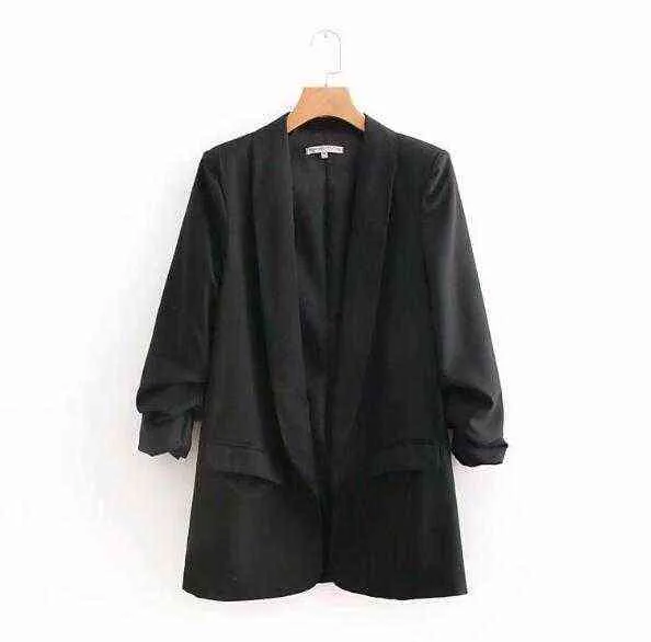 Chic Candy Cor Sólida Ruched Cuff Mid Long Blazer com Forro Mulher Shawl Collar Slim Fit Terno Casual Casaco Casaco Outerwear 211112