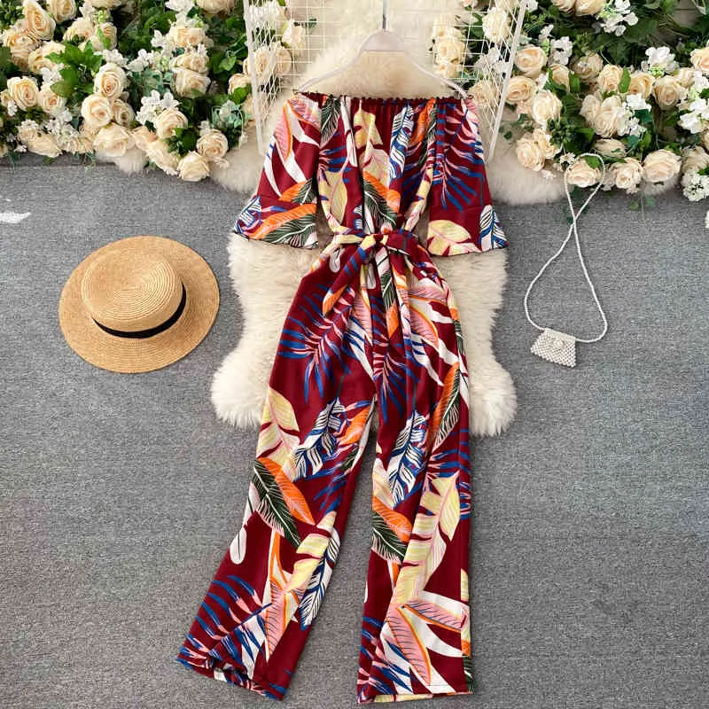 Summer Tropical Imprimer à une épaule à épaules combinées Chaude à lacets pour femmes Sincall Vacation Travel Loisir Pantalon LEG-LEG UK465 210507