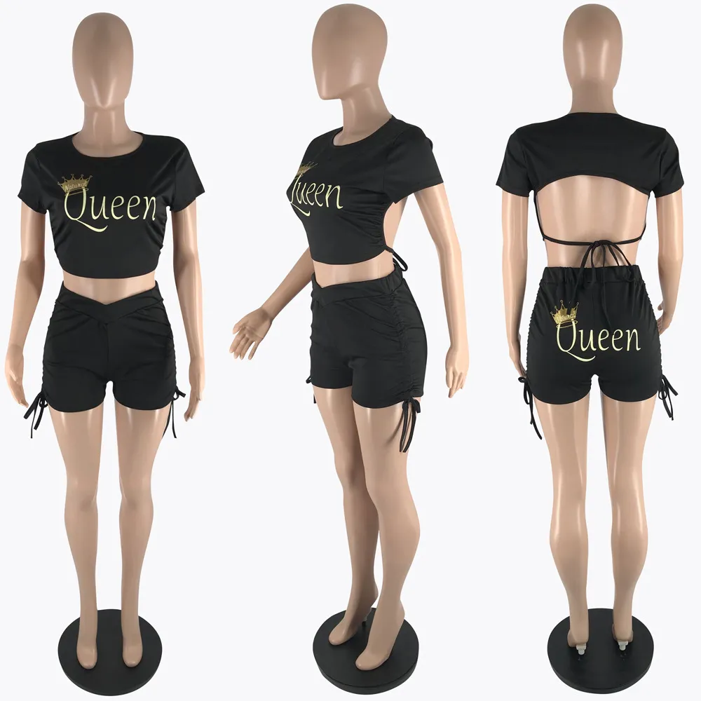 カジュアルワークアウトのアクティブウェア女性2個セット半袖クイーン文字プリント90年代Tシャツ+バイカーショートパンツストリートウェア210525