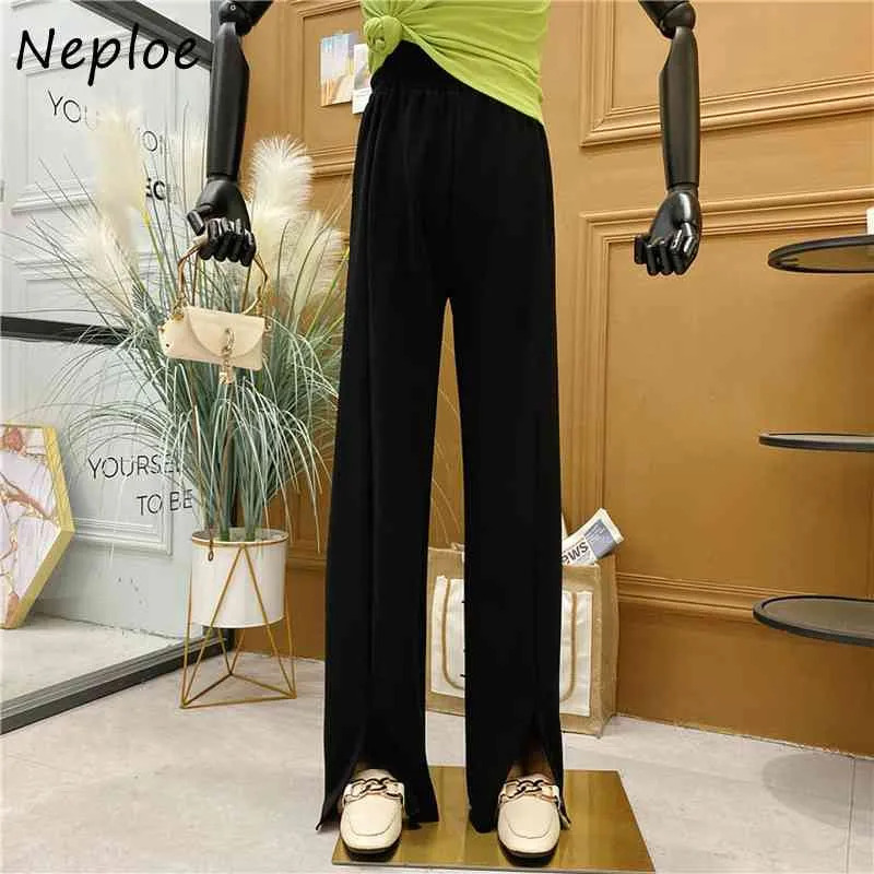 NEPLOE Cintura High Cintura Split Design Calças Retas Mulheres Estilo de Trabalho Ol Slim Calças Sólidas Primavera Pantalones All Match 210510