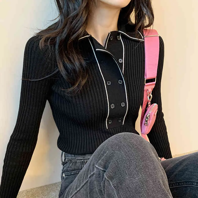 コロバフヴィンテージオフィスの女性の女性セーター韓国のターンダウンカラー長袖プルオーバーブラックホワイトヒットカラーボタンジャンパー210430