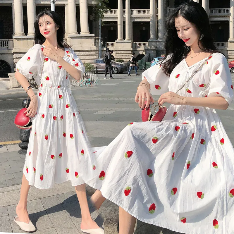 Korean Lantern Short-Sleeve Summer Dress Cotton Vintage Plus Size Print for Women V Neck Midi Vestidos 9372 210508