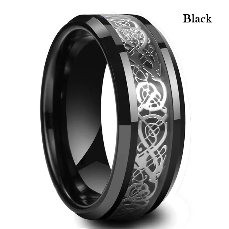 Anillos de boda para hombre Steampunk Gear Wheel Anillo de acero inoxidable Dragon Inlay Luz Azul Fibra de carbono Banda gótica Tamaño 6-132532