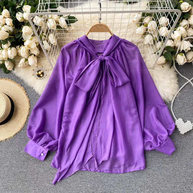 Singreiny Vrouwen Koreaanse Zoete Blouse Elegante Bow Collar Puff Sleeve Office Blouses Autumn Casual Losse Mode Streetwear Tops 210419