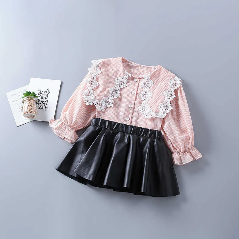 2-7 years high quality girl clothing set autumn fashion plaid pink yellow shirt + leather skirt kid children clothes 210615