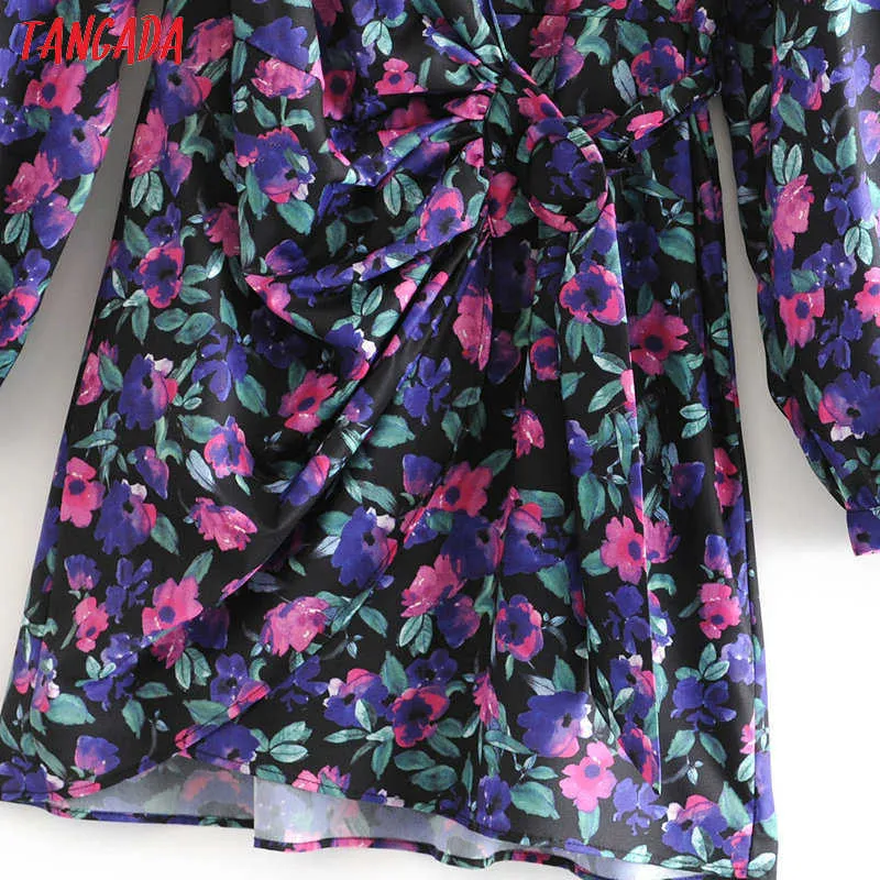 Tangada femmes fleurs violettes printemps robe col en v à manches longues dames taille arc mini robe Vestidos 2L06 210609