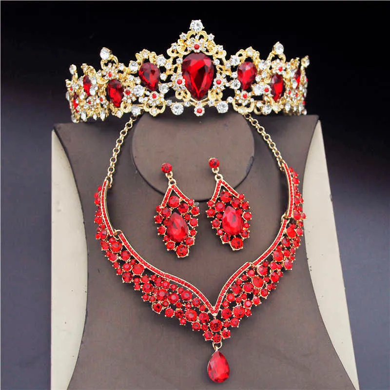 Preciosos juegos de joyas de cristal para mujer, corona nupcial, Tiaras, pendientes, collares, conjunto de joyería, accesorio de moda para novia H1022