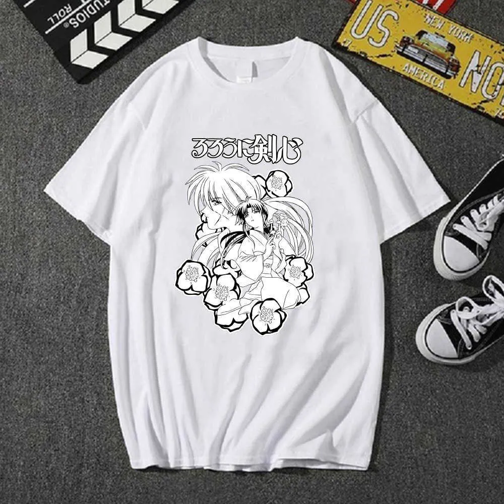 Unisex Rurouni Kenshin camiseta cuello redondo moda Hip Hop estampado moda Anime tela Y0809