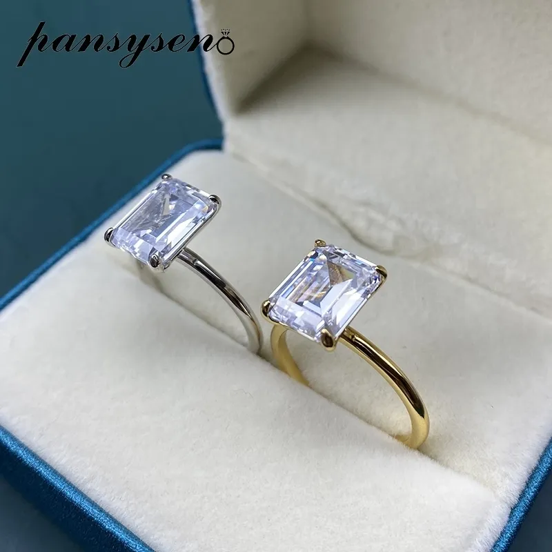 PANSYSEN Blanc / Jaune / Or Rose Couleur Luxe 8x10MM Taille Émeraude AAA Zircon Anneaux pour Femmes 100% 925 Sterling Silver Fine Jewelry 220211