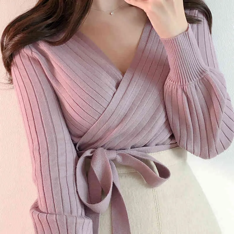 Pull Femme Koreanische Chic Herbst Kreuz V-ausschnitt Pullover Rosa Spitze Up Bandage Dünne Kurze Mit Boden Pullover für Frauen 11978 210521