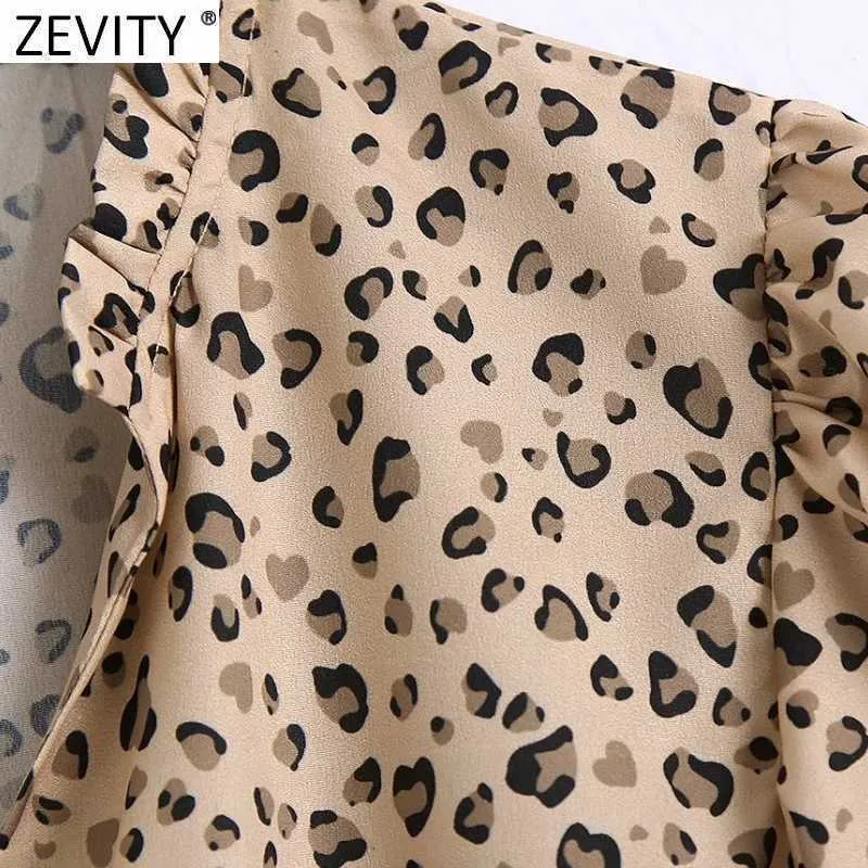 Zevity Women Vintage V Neck Leopard Print Hem Ruffles Mini Dress femme Puff Sleeve Pleat Ruffles Vestido Chic Dresses DS5073 210603