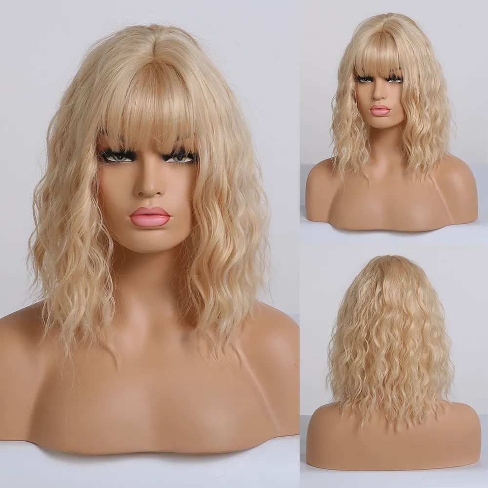 Parrucche di bob castani scuro donne wigs sintetiche ondulate con scoppi parrucca naturale parrucca di media lunghezza parrucche di calore resistenti a calore diretto diretto