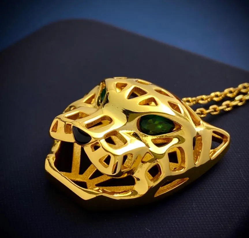 18K gold Plated Leopard Head Sweater Long Chain Necklaces for Women Designer Goldcolor Copper Necklace Jewelry panther With Green 251P