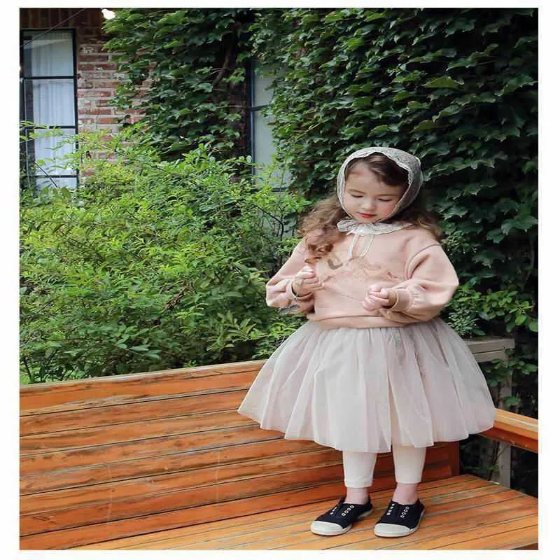 Korea Style Baby Girls Sweatshirts Lace Collar Long Sleeve Cotton Thick T-shirts Children Clothes E20568 210610