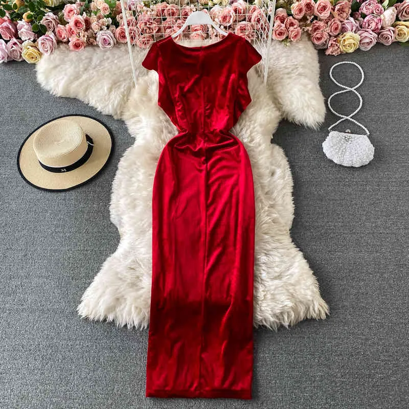 Frühling Sexy Maxi Vestidos Weibliche V-ausschnitt Seitenschlitz Flanell Taille Abnehmen Kleid C829 210506