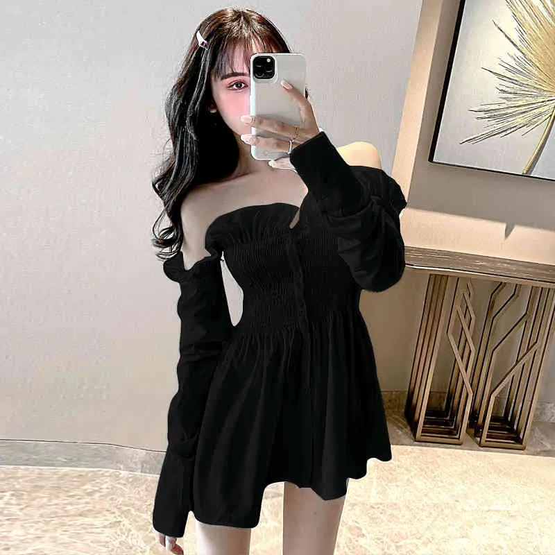 Spring Autumn Women's Blouses Korean Sexy One-shoulder Ruffled Long-sleeved Tops Solid Color Waist Slim Female Shirt GX572 210507