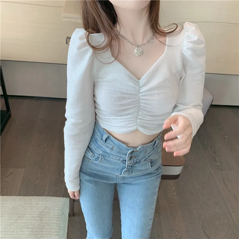 Wiosna Krótkie Seksowne Koszule Bluzki Rękaw Puff Rękaw Plisowany White Bluzka Kobiety V-Neck Solid Casual Kobiet Koszula Topy Blusas 12961 210508