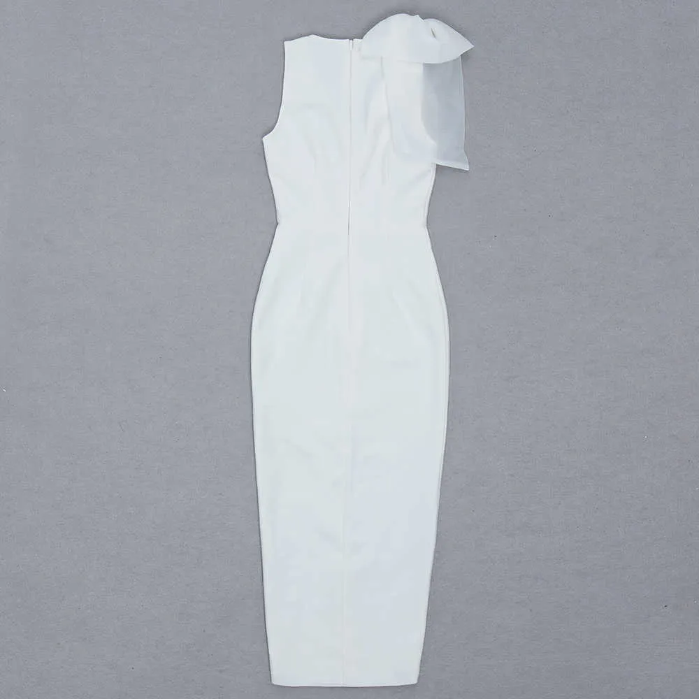 Women's Deep V Sexy Designer Sleeveless Bowknot White Long Bandage Dress Elegant Celebrity Tight Party Vestido 210527