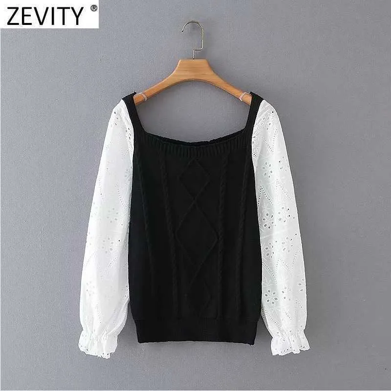 Zevidade mulheres oca para fora bordado manga longa patchwork crochet tricô camisola feminina chique fora do ombro pulôvers tops s627 210603