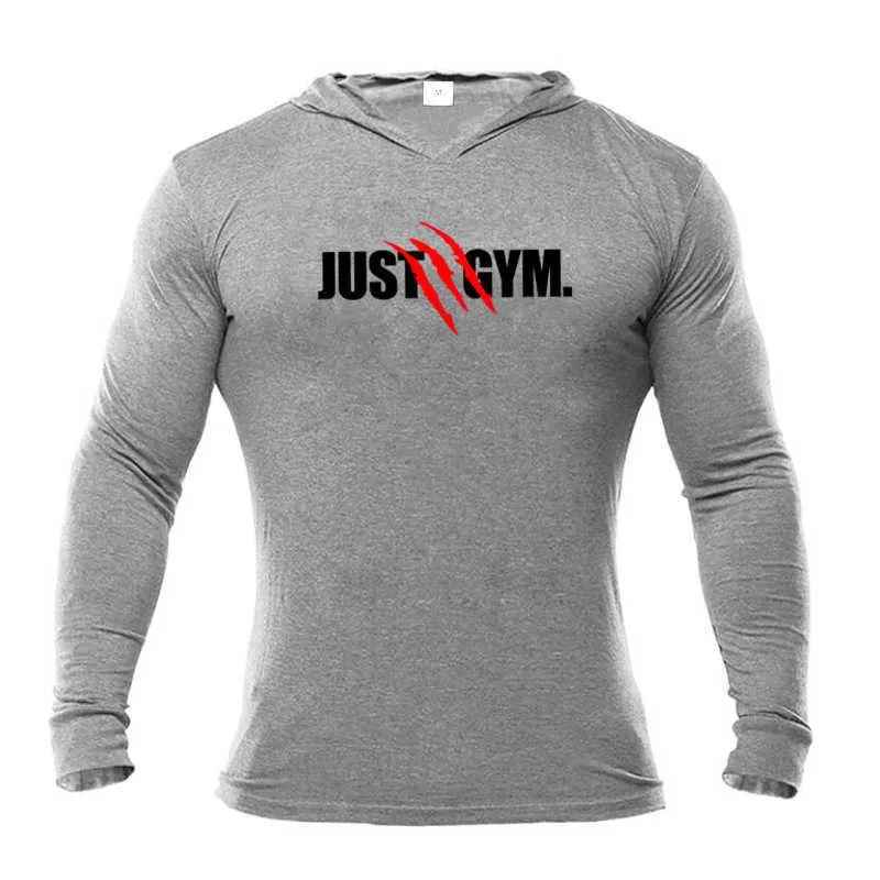 T-shirt da uomo con cappuccio primavera slim fit o collo t-shirt da uomo sport da corsa manica lunga palestra bodybuilding tee top t-shirt fitness 210629