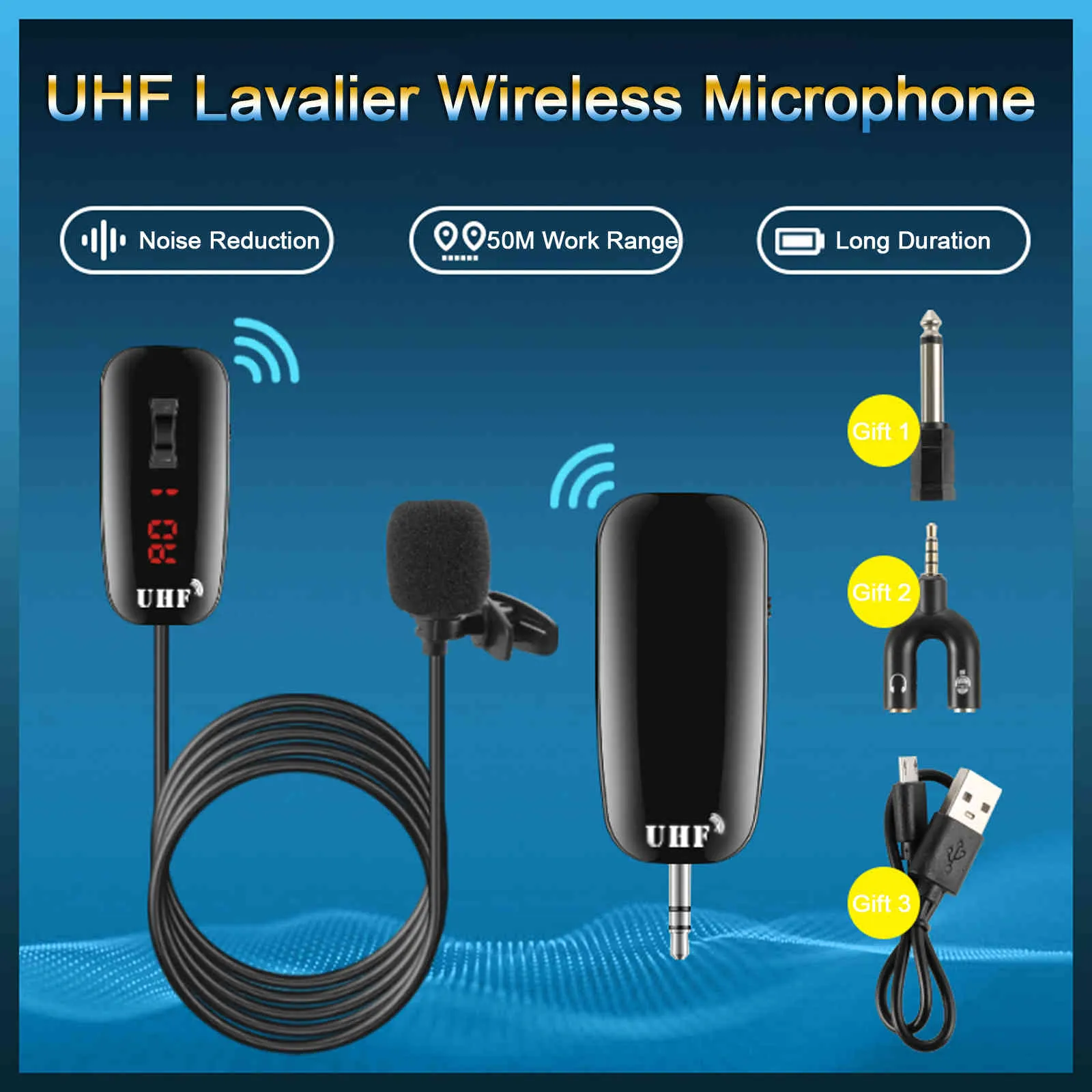 UHF Lavalier Lapel Wireless Recording Live Streaming Microphone Transmitter Receiver 50m Camcorder phone Laptop