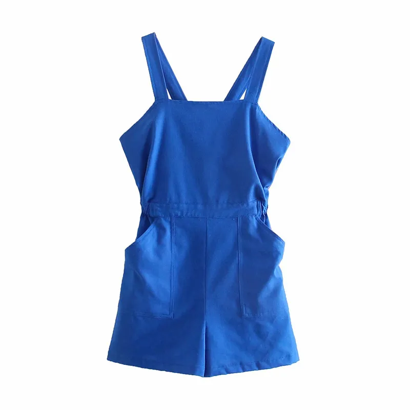 Casual Woman Blue Backless Hemp Playsuits Summer Fashion Female Safari Style Sling Rompers Ladies Streetwear Romper 210515