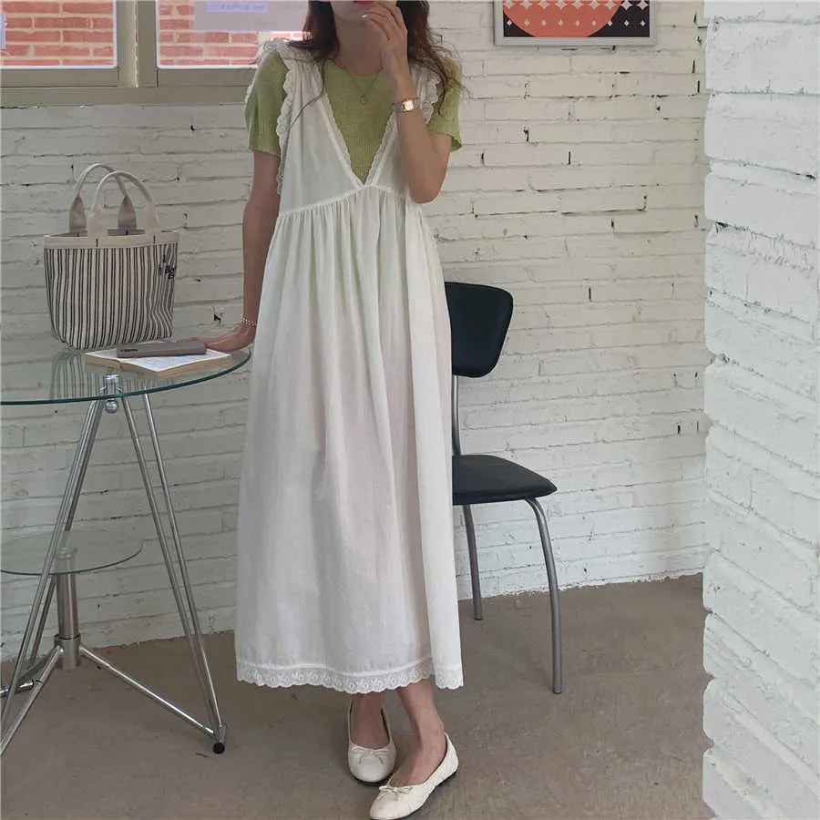 Yeşil Örme İnce Rahat Femme Chic Tops + Beyaz Dantel A-Line Katı Tüm Maç Gevşek Uzun Elbiseler Vestidos 210525