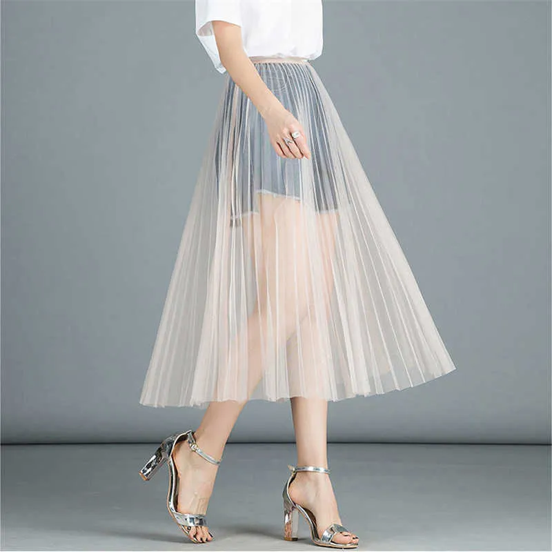 Women Sexy Mesh Lace Transparent Long Tulle Skirt Korean Fashion Summer Ladies Elastic High Waist Black White Beach Midi Skirt 210619