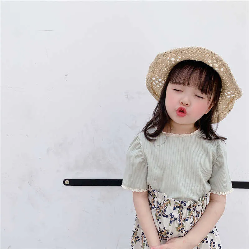 Estate stile coreano ragazze T-shirt a maniche corte in pizzo polsini bambini Top Pure Color Toddlers Bambini Bambini Tees 210615