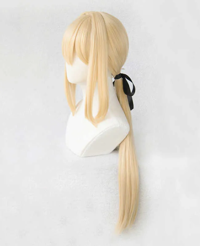 Violet Evergarden Paardenstaart Vlecht Broodjes Blond Haar Hittebestendige Cosplay Kostuum Pruik Cap Lint Y0913254i