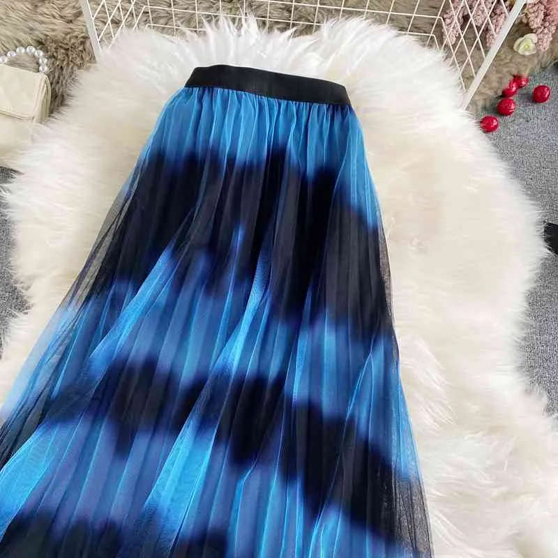 Smodge High-Waist Skirt Mid-Length 스트라이프 야생 프랑스 기질 더블 레이어 메쉬 Pleated Fairy GX1105 210507