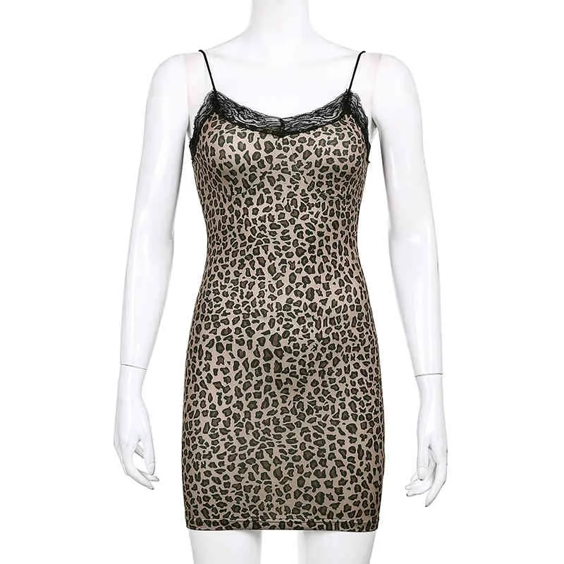 Women Spaghetti Strap Bodycon Mini Dress Leopard Pinted Sleeveless V Neck Lace Trim Patchwork Dresses Y2K Party Streetwear 210517