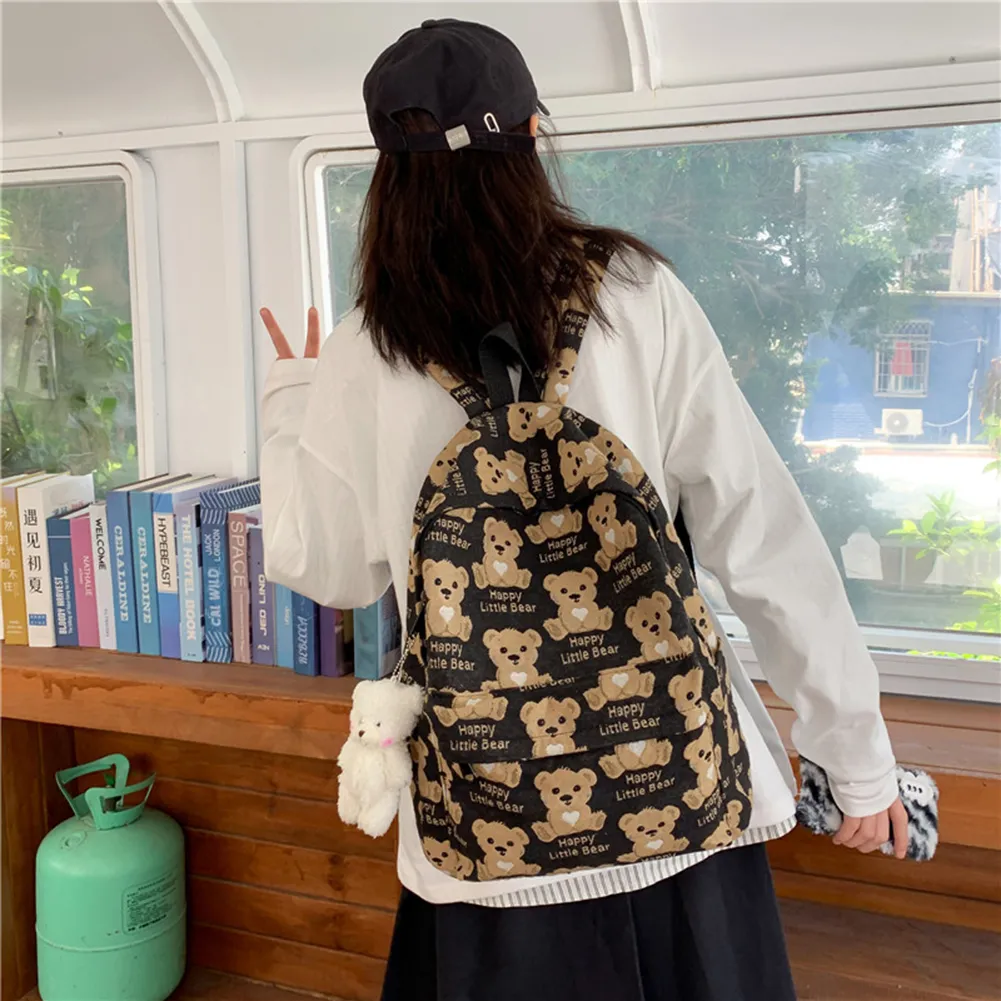 Casual Preppy Style Canvas Fashion Cartoon Bear Printing Women Backpack Large Capacity School Bags Rucksack Knapsack For Ladies