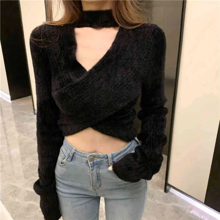 2ways wear womens knitted Sweater Autumn and winter loose korean style female V neck Sweaters and pullovers womens R99509 210423