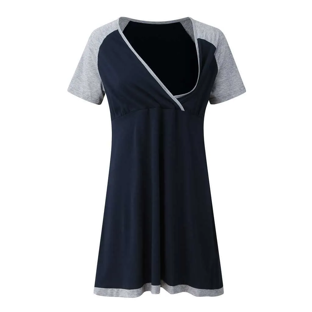 Robes d'été patchwork pour femmes maternité à manches courtes col en V chemise de nuit d'allaitement robe d'allaitement Q0713