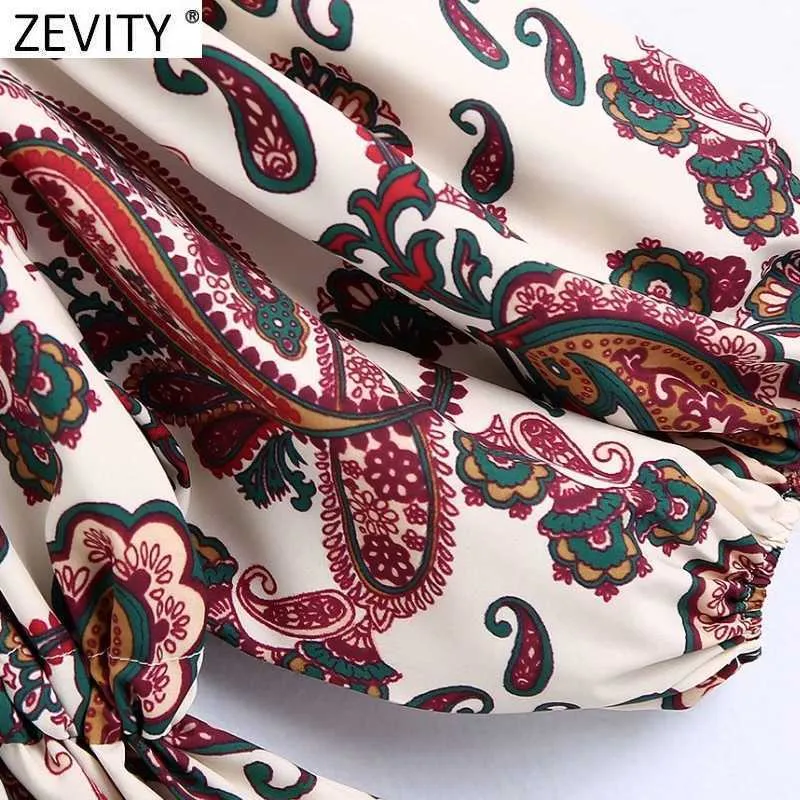 Zevity Women Vintage V Neck Paisley Print Lace Up Waist Shirt Dress Female Chic Retro Totem Floral Casual Court Vestidos DS8341 210603