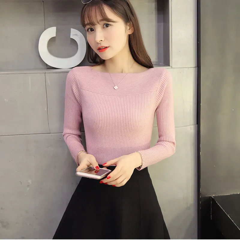 Lucyever Fashion Slash Neck Knit Suéteres Mujeres Otoño Coreano Elástico Slim Jerseys Mujer Simple Sólido Casual Tops Mujer 210521